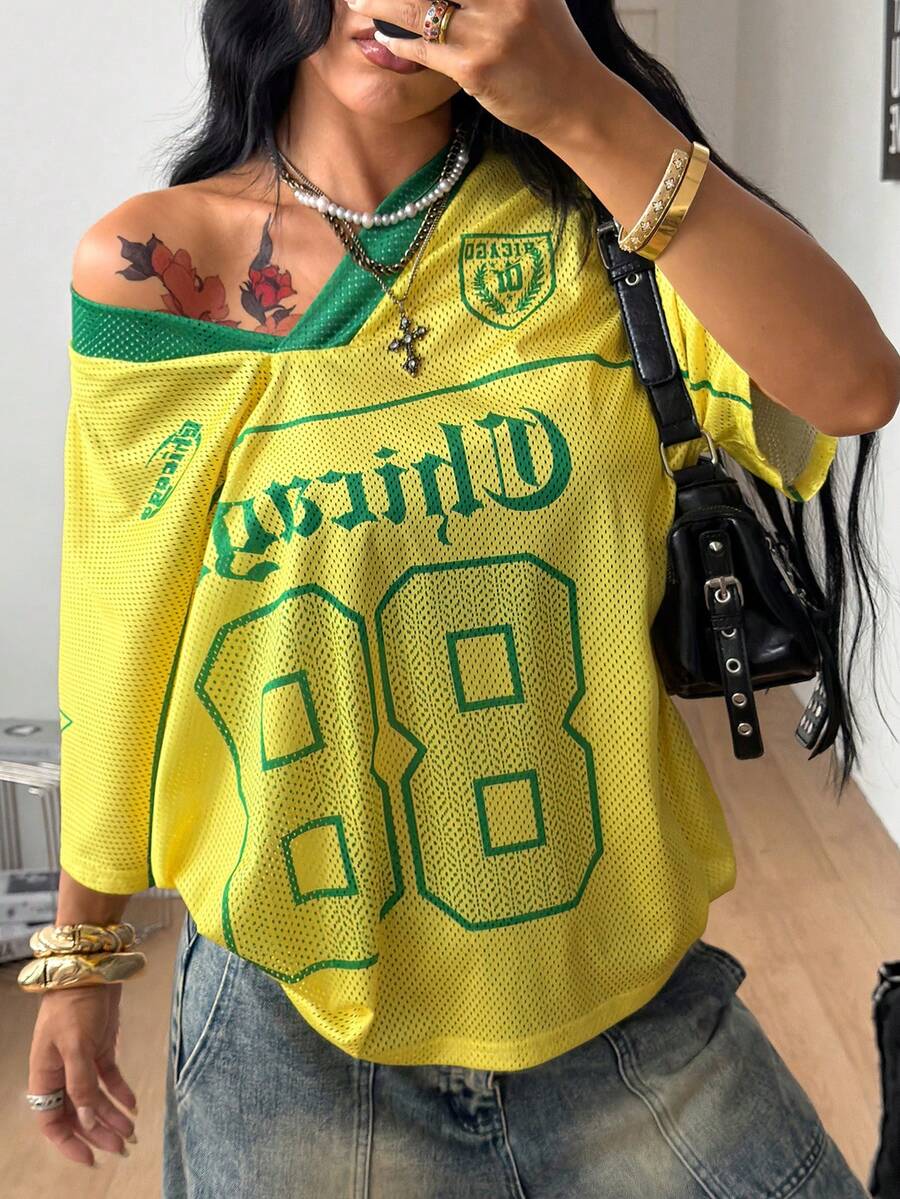 Coolane Women's Summer Y2K Sporty Streetwear Vintage Breathable Mesh Graphics Number Pattern Football Brazil Jersey T-Shirt Back-To-School Green And Yellow - Yellow - View 1