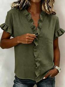 EMERY ROSE Women's Casual Cotton Blue Ruffle Shirt, Summer Daily Commute & Vacation Top - Army Green - View 3