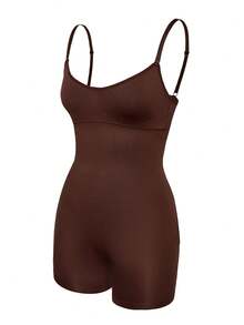 SHAPORA Women's Solid Color Spaghetti Strap Backless Romper Shorts - Coffee Brown - View 6