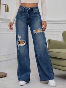 EMERY ROSE Jeans de pierna recta con bolsillos casuales para mujer de talla grande - Azul lavado oscuro - Ver 5