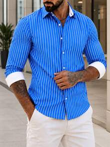 Manfinity Mode Men's Business Casual Digital Print Striped Contrast Front Panel Long Sleeve Shirt, Ceremony - Blue - View 4