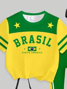 Setelan Kaos Lengan Pendek dan Legging Motif Bintang dan Garis Brasil Warna Kuning Hijau untuk Balita Perempuan, Pakaian Bertema Piala Dunia - MultiWarna - View 6