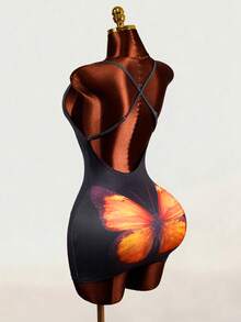 Mistrie Summer Sexy 90s Fairycore Y2k Lace-Up Butterfly Print Bodycon Knit Mini Dress Clubbing Night Out Party Black And Orange - Multicolor - View 4