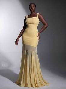 Elitara Gaun Bridesmaid Transparan Ukuran Plus Elegan Romantis Warna Kuning dengan Leher Persegi dan Bahan Jala Elastis Tinggi, Model Bodycon dan Hem Ekor Ikan - Kuning - View 7