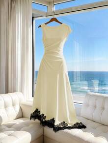 SHEIN Franclia 米色女士腰部褶皱黑色蕾丝边中长连衣裙 - 米色 - 查看 3
