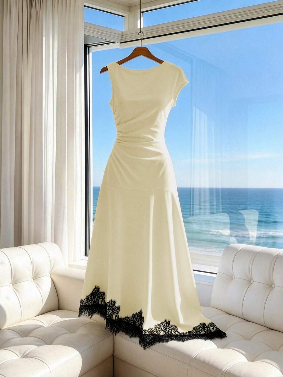 SHEIN Franclia 米色女士腰部褶皱黑色蕾丝边中长连衣裙 - 米色 - View 1