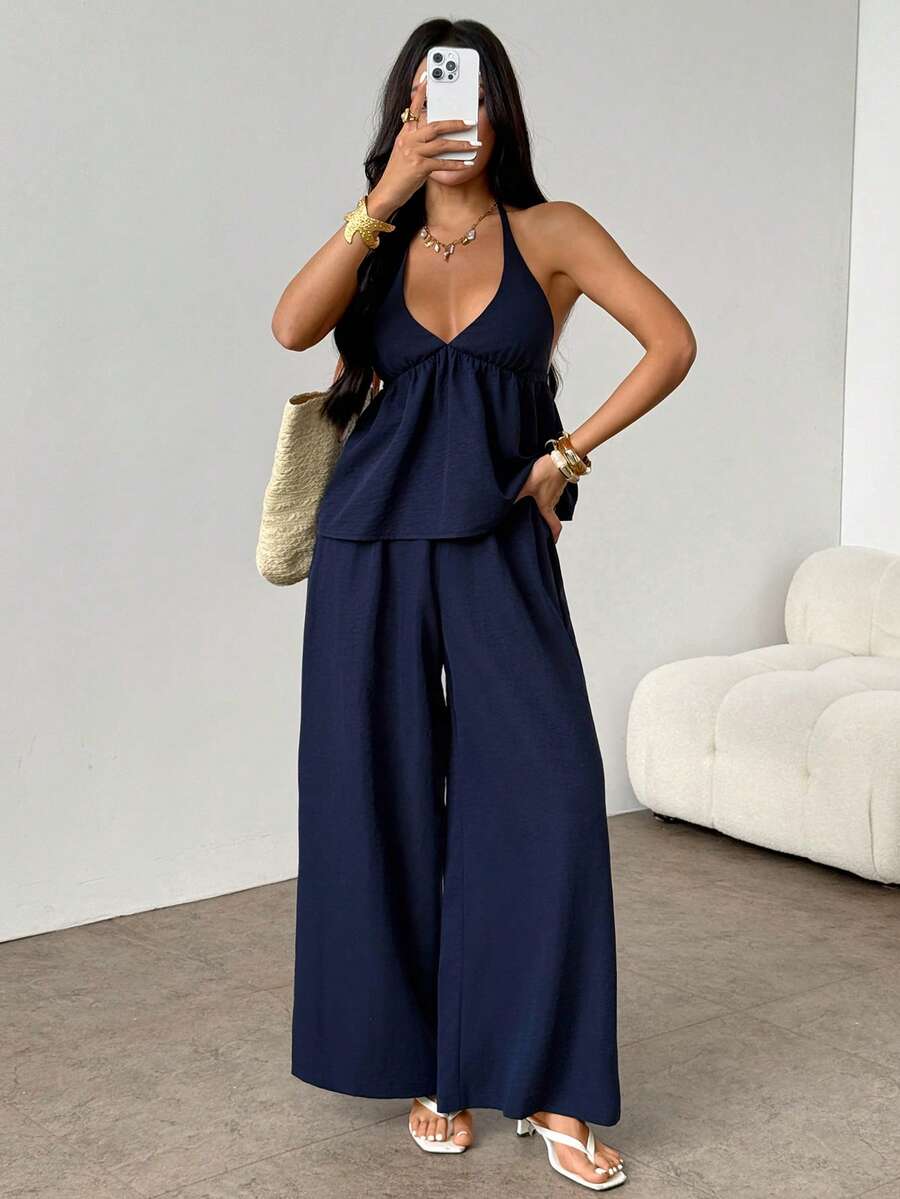 SHEIN PETITE Bộ 2 món nữ màu trơn, áo cổ yếm buộc lưng hở lưng xếp ly và quần ống rộng phong cách thường ngày - Màu xanh hải quân - Xem 1