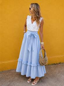 SHEIN LUNE Women's Spring/Summer Vacation Casual Tropical European Elegant Jamican Sexy V-Neck Flutter Sleeve Top And White Light Blue Skirt 2 Pieces Set - Blue and White - View 7