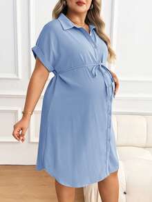 Plussiva 孕妇加大码纯色短袖宽下摆前扣夏季连衣裙 - 淺藍色 - 查看 12