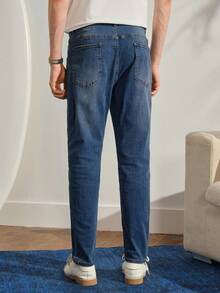 VeloEdit Dark Wash Blue Men Slant Pocket Straight Leg Jeans Without Belt, Plain Long Washed Cargo Going Out Hang Commute Work Urban Old Money Summer Vacation - Dark Wash - View 3