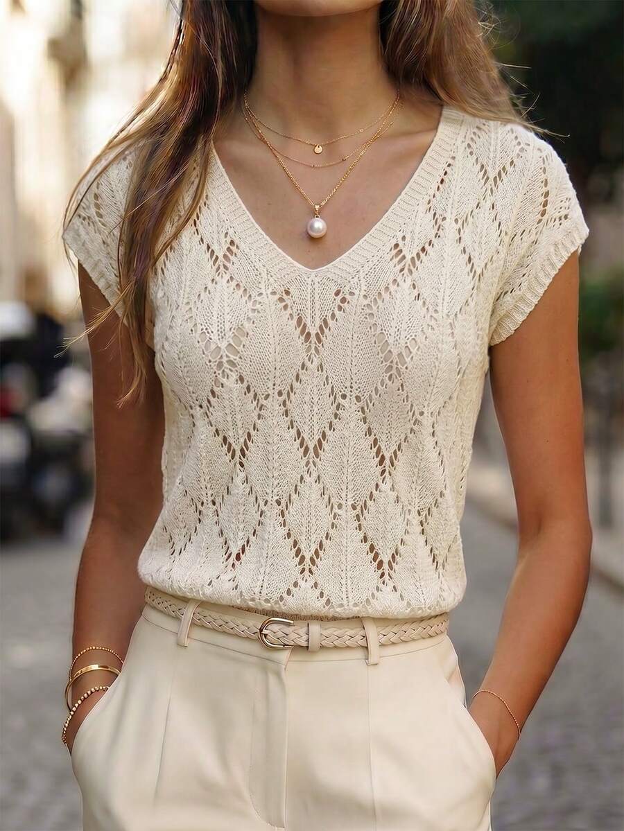 SHEIN Women's Cream White Openwork Knit Top-V Neck, Dolman Short Sleeve ...