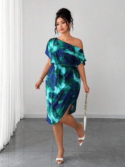 Elenzga Summer Fashion Casual French Vintage Elegant Commuter Asymmetric Shoulder Neckline Slit Asymmetrical Hem Green Dress