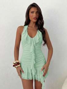 Aloruh Women's Solid Color Patchwork Ruffle Sexy Halter Neck Mini Dress - Green - View 6
