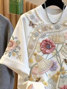 SHEIN Franclia 女士蝴蝶花卉印花短袖T恤衫，夏季白色上衣，花卉衬衫，白色衬衫，夏季，度假，乡村风格，音乐节 - 白色 - 查看 3