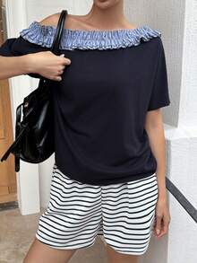 DAZY Casual Loose Fit Asymmetrical Shoulder Frill Trim Women T-Shirt - Navy Blue - View 4