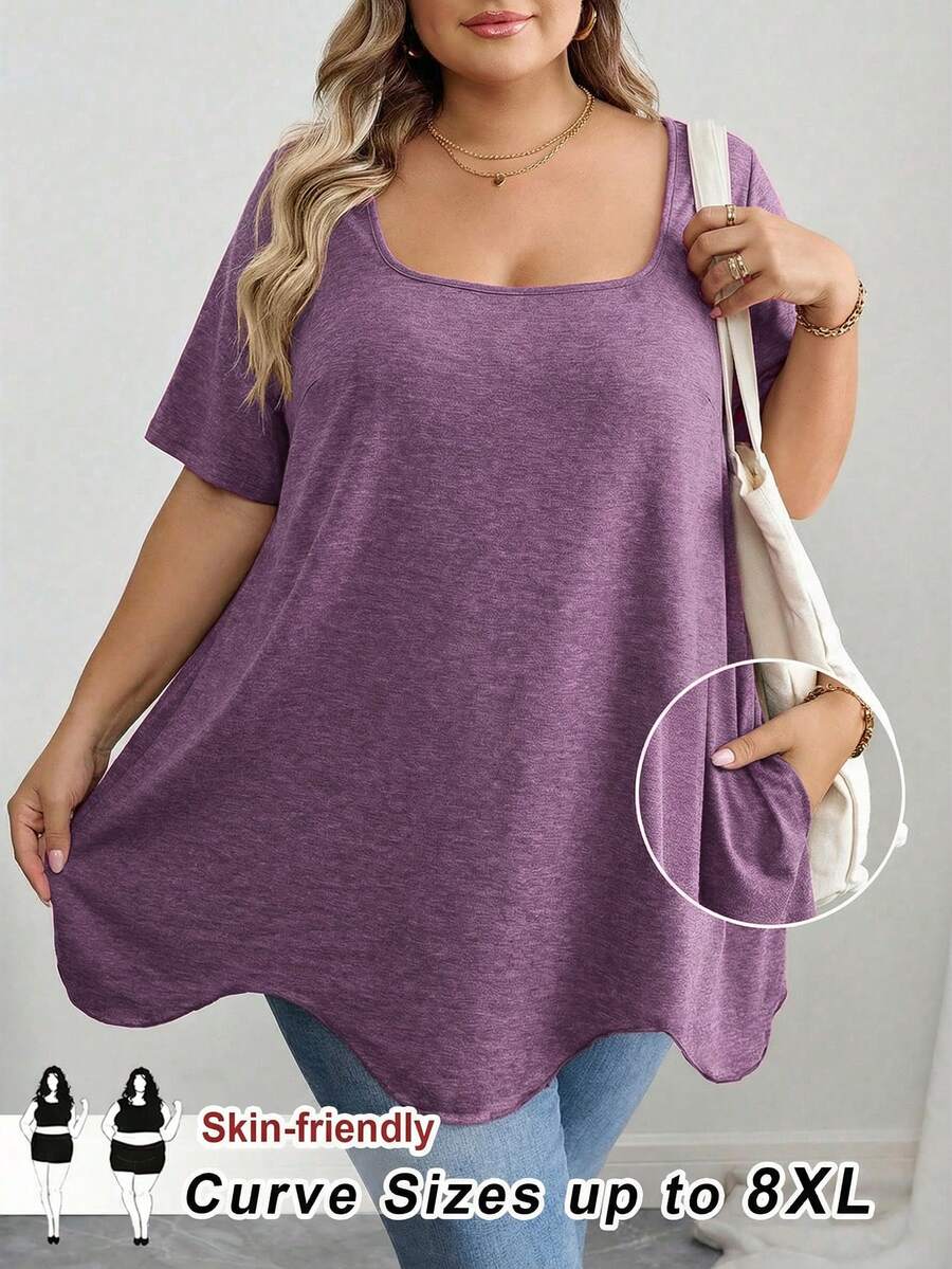 SHEIN CURVE+ Curve 大尺碼女裝/秋季女裝/冬季女裝/大尺碼方領不對稱下擺口袋短袖T恤黑色上衣 8XL 6XL 5XL 大尺碼女裝上衣,女款度假穿搭秋季冬季 CURVE PLUS - 紫色 - 查看 1