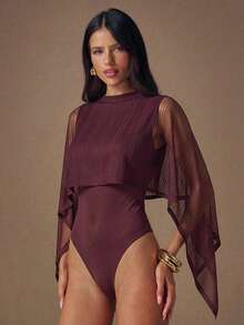 SHEIN BAE Spring Summer Burgundy Mesh Bodysuit High Neck Sheer Shrug Cover-Up Slim Fit Sexy Hot Girl Set Night Out Going Out - Purple - View 3