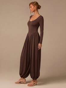 COSMINA Women's Solid Color Square Neck Long Sleeve Pleated Elastic Leg Fashion Jumpsuit Brunch Holiday Dark Brown Autumn Elegant Casual Tea Party Travel - Brown - View 2