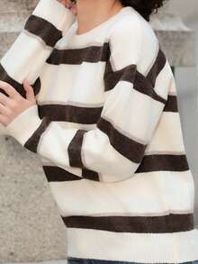 Xuxu's by Gio Women's Dropped Shoulder Long Sleeve Casual Knit Pullover Crew Neck Striped Loose Sweater Y2k - Apricot - View 4