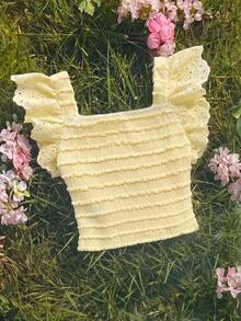SHEIN Tween Girl Casual Cute Knitted Textured Jacquard Sweetheart Neck Ruched Ruffle Hem Cropped Tank Top, Yellow - Yellow - View 3