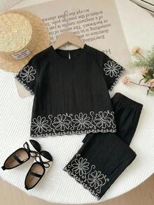 LMoss Kids Young Girl' Colorblock Print Short Sleeve Shirt And Pants Set - Black - View 7