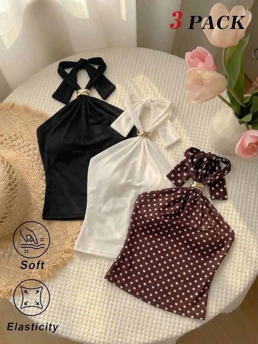 SHEIN MOD 3件組女款金屬飾面時尚掛脖細肩帶背心 - 彩色 - 查看 1