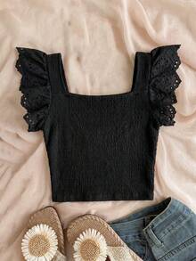 Camisetas de tirantes y camisolas para niñas preadolescentes, 3 artículos aleatorios, se envía 1 artículo, unicolor, punto con textura, encaje, ajustado, casual, minimalista, cómodo, cuello cuadrado, manga corta con volantes, tela con textura, top corto, camiseta de tirantes para niñas - Albaricoque - View 5