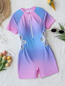 SHEIN 青少年女孩紮染短袖連身泳衣，適合海邊度假、泳池派對、海灘派對 - 彩色 - 查看 3