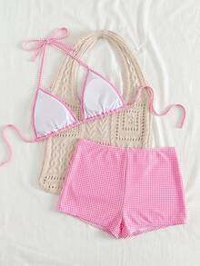 Swim Mod 女款甜美格紋紋理三角杯 3D 蝴蝶結裝飾比基尼套裝，附低腰泳褲 - 粉色 - 查看 3