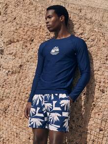 Palasendo 2pcs/Set Men's Coconut Tree Print Long Sleeve Top & Shorts Swimwear Set, Hawaiian, Holiday - Multicolor - View 5