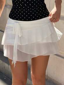 hollyjadebate Women's Multi-Layer Ruffle Trim Low Rise Y2K Mini Black Skirt Summer - White - View 5