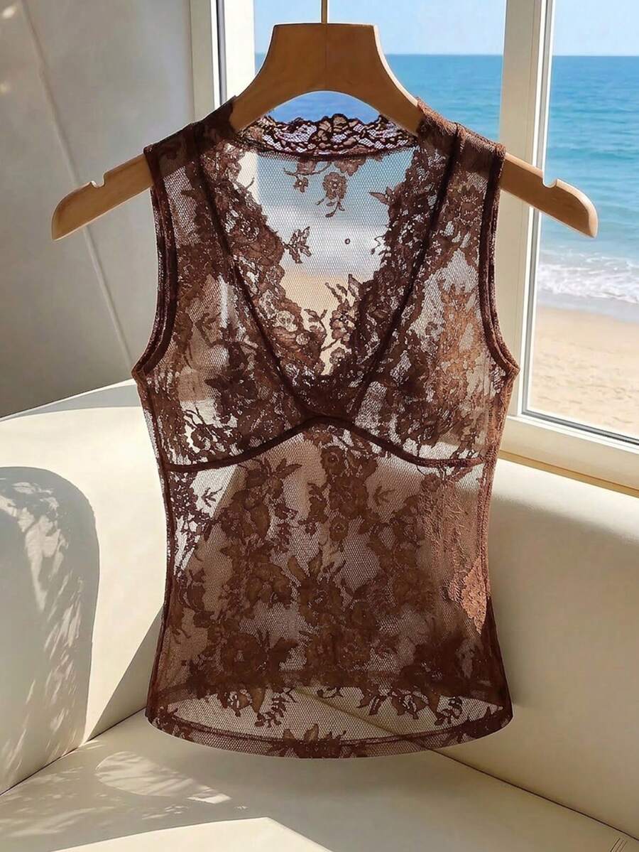 SHEIN Franclia Women's Fashion Elegant Sexy Casual Sleeveless V-Neck Lace Semi-Sheer Camisole Tank Top, Club Vacation Party Brown Floral Summer