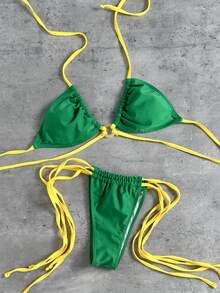 Zestiva 新款海灘裝前繫帶黃綠色性感女款泳衣套裝 - 綠色 - 查看 3