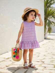 SHEIN Playful Pals 女嬰荷葉邊無袖背心上衣純色洋裝，簡約休閒夏季舒適百搭公主裙，適合外出或疊穿 - 淡紫色 - 查看 3