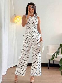 Rafferiza Conjunto de 2 piezas de top sin mangas con estampado azul y blanco + pantalones rectos de pierna ancha para mujer - Blanco - Ver 1