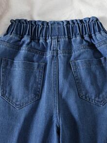 SHEIN Vintaside Kids Jeans à taille élastique et jambes larges pour filles préadolescentes, toutes saisons, décontracté, style preppy, bleu clair, en coton denim, doux et confortable, polyvalent pour l'école et les sorties quotidiennes, printemps-été, tenue en denim pour fille préadolescente - Jean brut - Voir 5