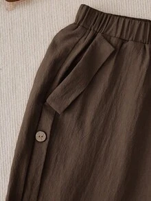 SHEIN PETITE Women's Summer Dark Brown Solid Color Fabric Design Side Seam Button Decoration Pocket Flap Design Casual Vacation Western Bohemian Street Style - Coffee Brown - View 5
