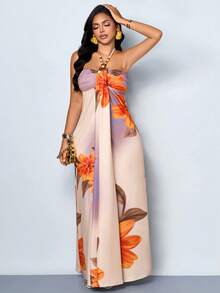 SOLERSUN Women's Casual & Sexy Sleeveless Halter-Neck Backless Maxi Dress - Featuring Beaded Accents, Ombre Gradient, And Large Floral Print. A Stylish Summer-Vibe Dress, Perfect For Vacations, Mother's Day, Beach Parties, And Elegant Resort Wear. - Apricot - View 6