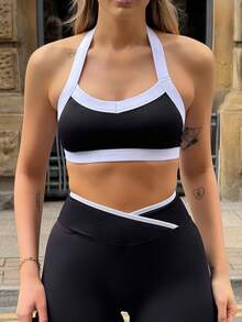 hollyjadebate Women's Casual Sports Contrast Color Halter Neck Tank Top & Pants Set - Black - View 3