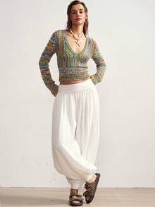 Bohemela Women's V-Neck Long Sleeve Colorblock Fashion Knit Top - Multicolor - View 8