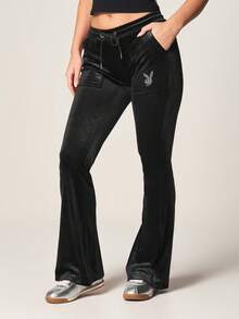 Missguided x Playboy Velour Flare Leg Jogger Pants With Rhinestone Bunny Logo Drawstring Waist Y2K Retro Style - Black - View 3