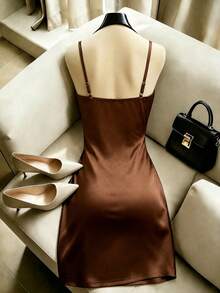 GlowEve Women's Elegant Sexy Coffee Brown Satin Glossy High Stretch Knit Cami Mini Dress, V Neck Spaghetti Strap Ruched Wrap Bodycon Party Date Night Summer - Brown - View 2