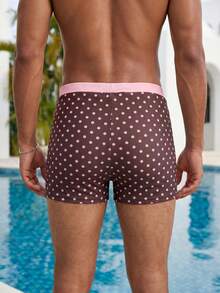 Manfinity Swimmode 男士棕色波點彈性抽繩休閒沙灘泳褲，可愛夏季度假情侶款泳裝，適合度假、泳池與熱帶風情 - 彩色 - 查看 2