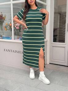 Solflare Dark Green Striped Split Short Sleeve Plus Size Dress - Dark Green - View 3