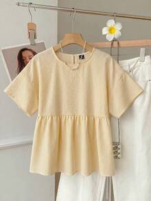 SHEIN EZwear 鵝黃色條紋大尺碼女款圓領短袖休閒襯衫 - 鵝黃色 - 查看 11