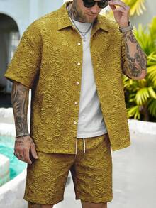 Manfinity CasualCool Kemeja Lengan Pendek Kancing Depan Jacquard dan Celana Pendek untuk Pria, Pakaian Kasual Sehari-hari - Kuning - View 3
