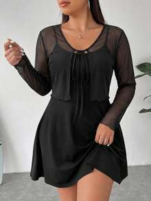SHEIN EZwear Conjunto de 2 piezas para mujer talla grande con cárdigan de punto de frente abierto & vestido de tirantes finos de unicolor - Negro - Ver 5