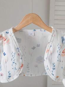 SHEIN Kids Young Girl 1pc Floral Print Ruched Sleeve Open Front Crop JacketComfortable And Versatile, Suitable For Autumn, Spring, And Summer & Fall , Ages 4-7, Perfect For Outings, School, Home, Vacation, And Travel.Great For Casual & Daily Wear,Sister And Me Matching, Mom And Daughter Matching - White - View 6