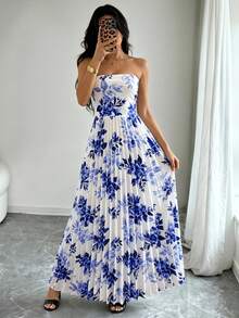 Flora Isola Flora Isola 優雅無肩帶花卉印花性感收腰百褶設計女款洋裝 - 藍色 - 查看 3