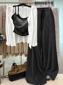GlowEve CURVE Plus Size Solid Color Knit Cardigan With Front Button Closure, Striped Trim, Slim Fit, Drawstring Detail, Elegant Casual Commuter Daily Outing Long Pants - Black and White - View 1